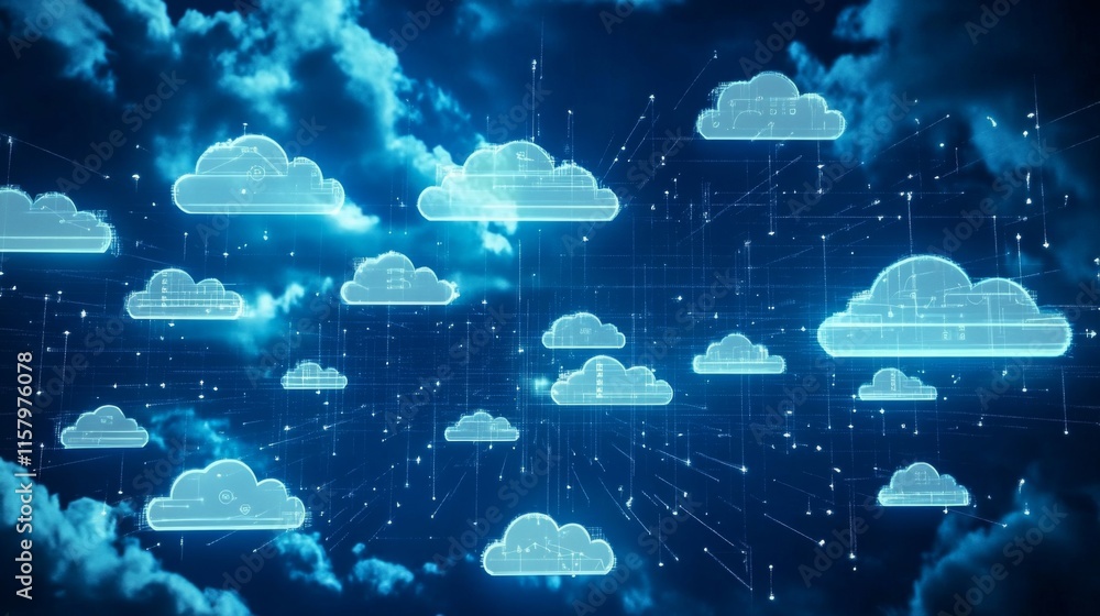 Poster futuristic digital cloud technology concept with abstract clouds and network connections representin