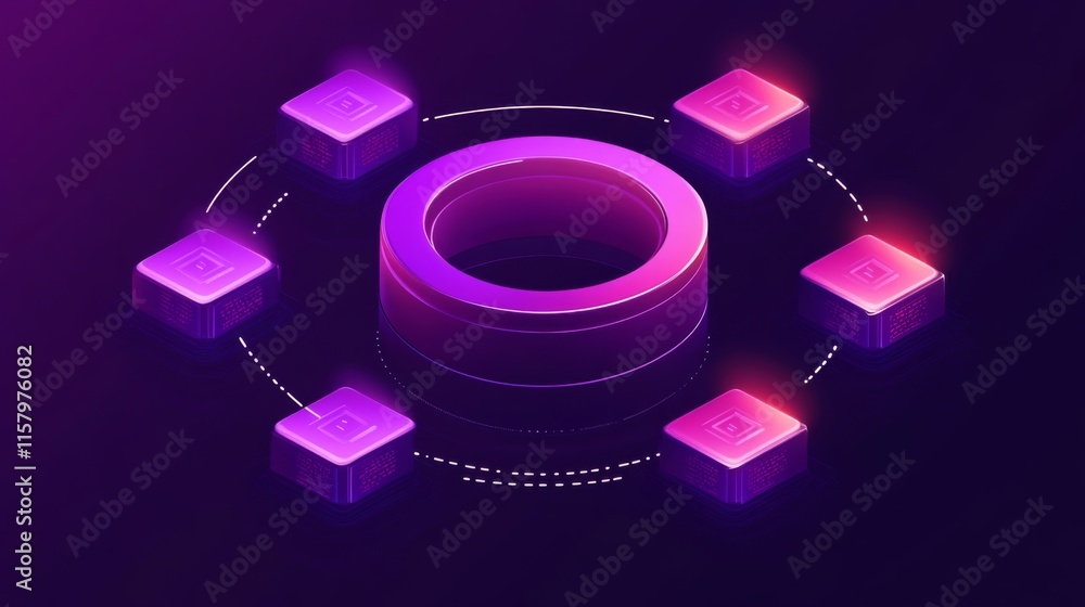 Poster futuristic digital concept of circular hub surrounded by glowing cubes representing connectivity and