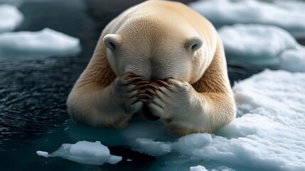Fototapeta premium Polar Bear's Sorrow: A Cryptic Image of Climate Change