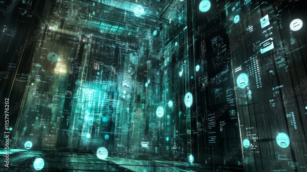 Poster Futuristic Digital Environment with Glowing Data Streams and Abstract Technology Elements in a High-Tech Virtual Space