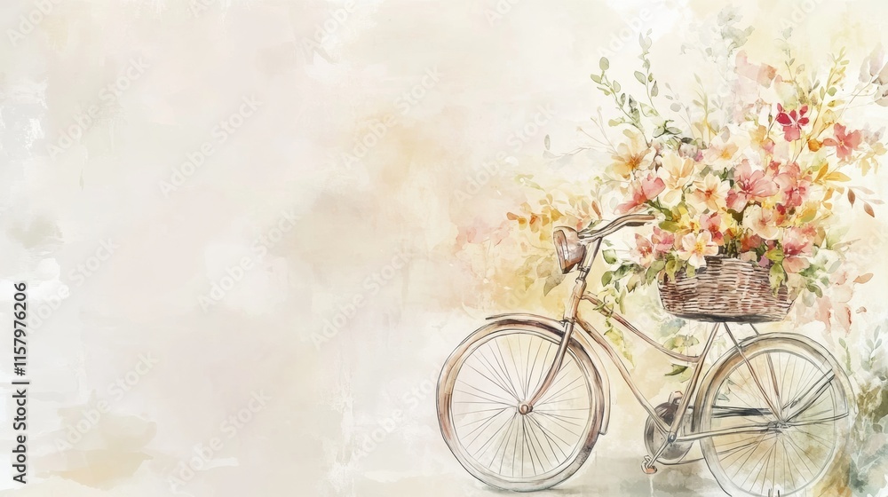 Poster vintage bicycle with overflowing basket of spring flowers inviting a cheerful journey through nature