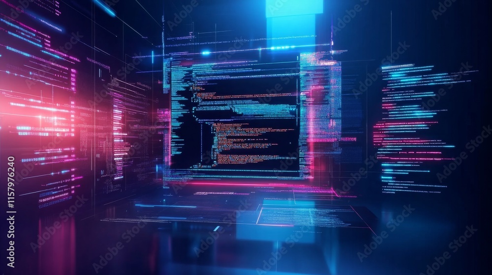 Poster futuristic digital interface display with code and neon elements in a high-tech environment for tech