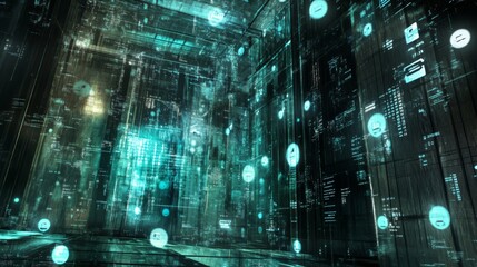 Futuristic Digital Environment with Glowing Data Streams and Abstract Technology Elements in a High-Tech Virtual Space