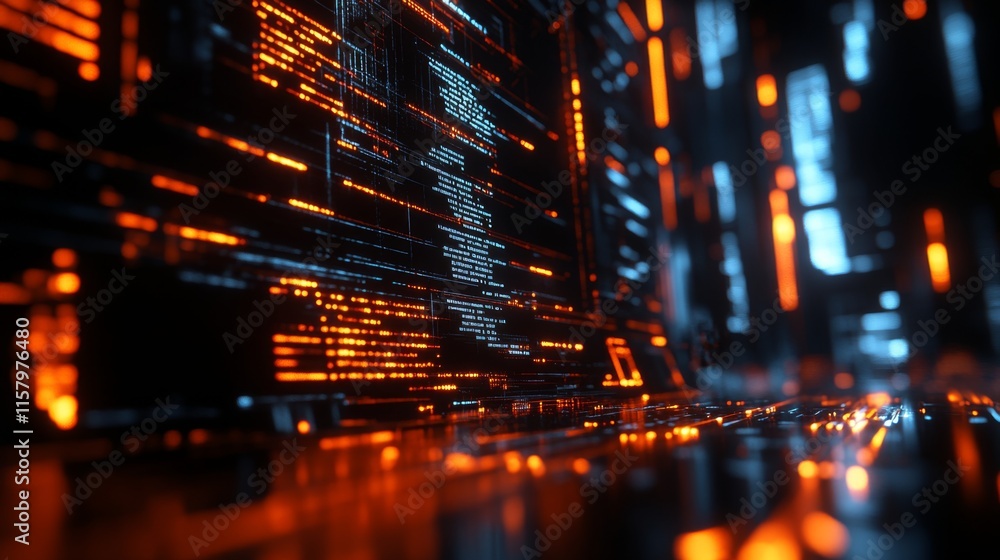 Poster futuristic digital network with glowing orange and blue elements representing data flow and technolo