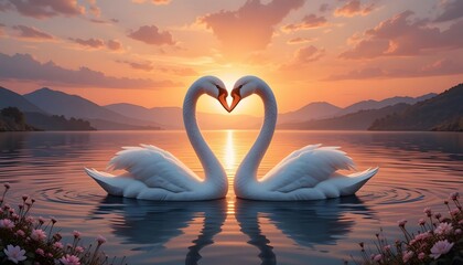 Fototapeta premium Two graceful swans swimming on the lake during sunset with beautiful reflections