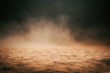 Dusty, sandy landscape under a dark, hazy sky; a desolate, atmospheric scene.