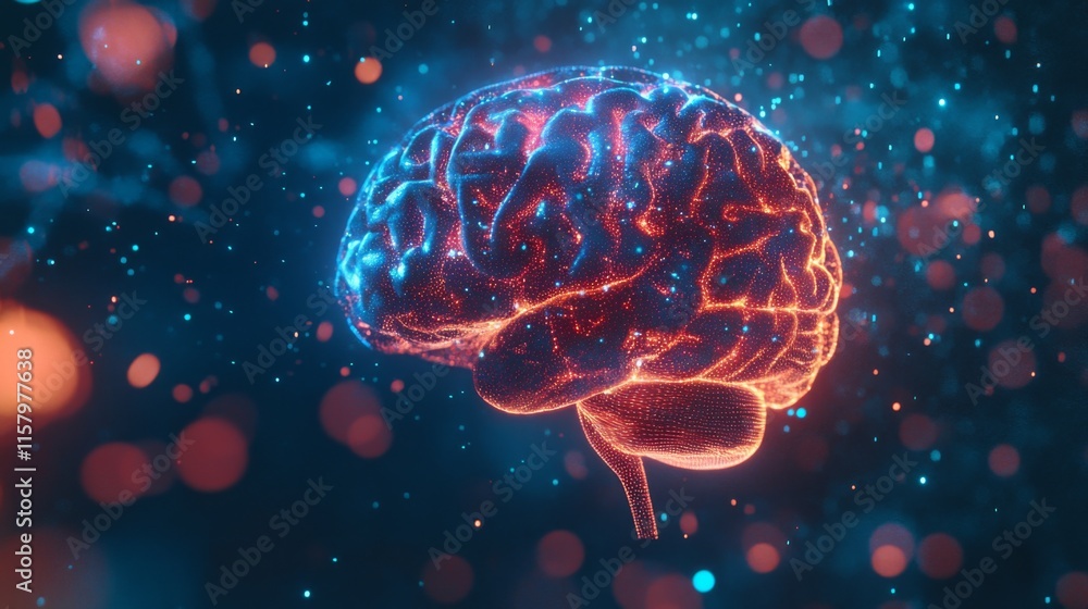 Poster neon brain illustration with blue and red particles, 3d rendered neural network concept for science 