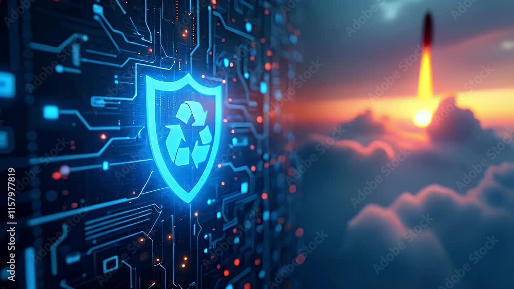 Poster a digital shield symbolizing cybersecurity against a backdrop of a sunset and clouds.