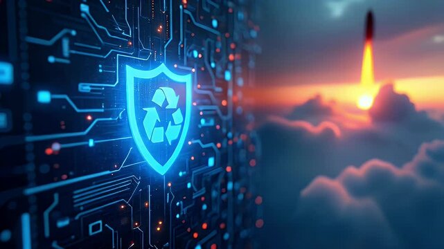 A digital shield symbolizing cybersecurity against a backdrop of a sunset and clouds.