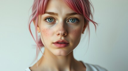 Naklejka premium Portrait of a Young Woman with Pink Hair and Freckles Against a Neutral Background