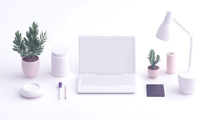 modern workspace featuring white laptop, desk lamp, and potted plants, creating serene and organized environment
