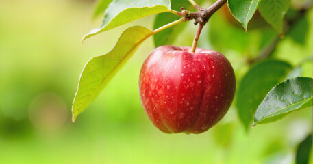 Obraz premium Red apple hanging on tree branch against green background