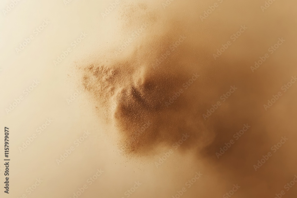 Poster a cloud of tan powder explodes against a pale background, creating a textural abstract image.