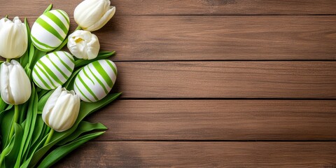 A beautiful artistic arrangement of fresh white tulips and bright Easter eggs on a rustic wooden background, symbolizing the joy and renewal of Easter, capturing the seasons essence
