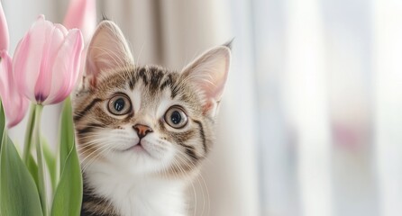 A playful kitten peeking behind pink tulips in a bright setting.