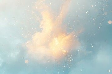 Golden sparks burst amidst soft, pastel clouds, creating a dreamy, ethereal atmosphere.