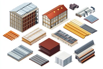 Isometric illustration of various building materials and structures.
