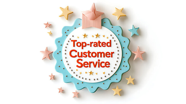Top rated customer service badge with stars and decorative elements, showcasing excellence in service quality and recognition