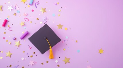 Graduation Celebration - Congratulatory Card Design with Diploma, Cap, Stars, Confetti on Pastel Purple Background