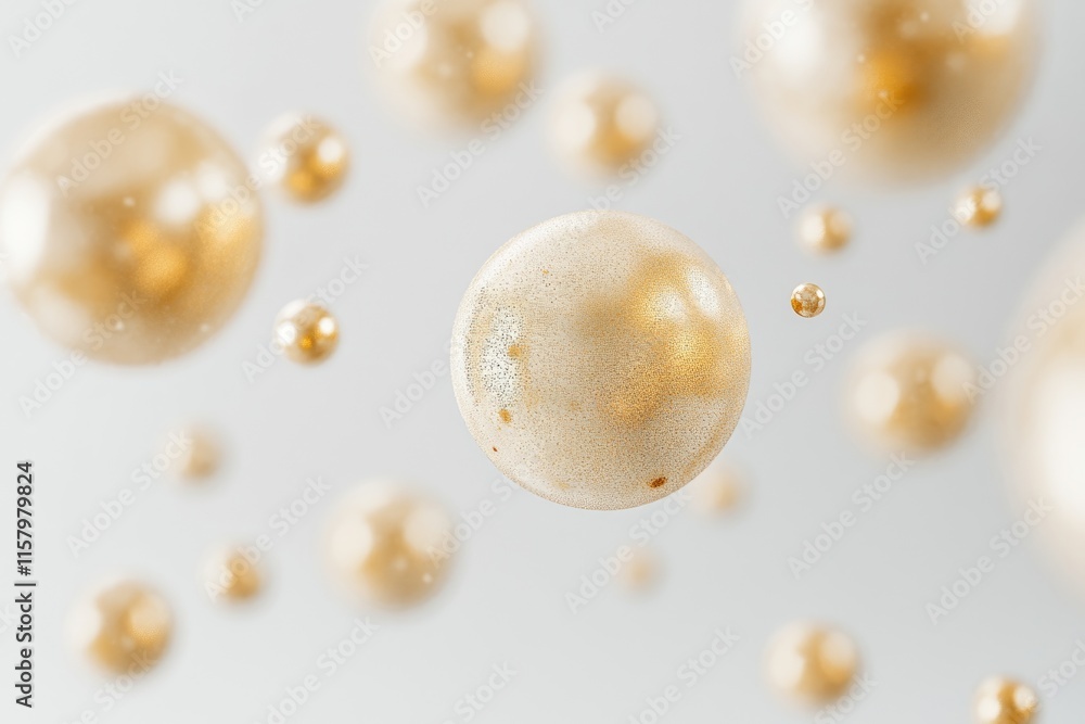 Poster floating golden spheres, shimmering with a pearly luster, create a luxurious and elegant visual.