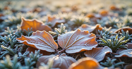 Frost-covered leaves on green ground