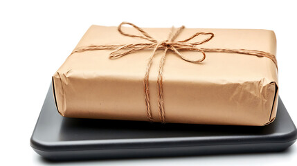 package weighing machine with wrapped parcel on scale, isolated on white