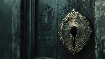 Ornate keyhole on antique dark wood door.