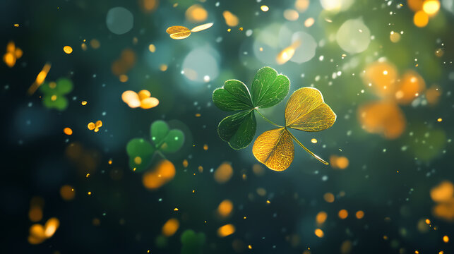 A gold leaf and a green clover falling, featuring eccentric motifs and a glowing quality. Auriferous. Illustration