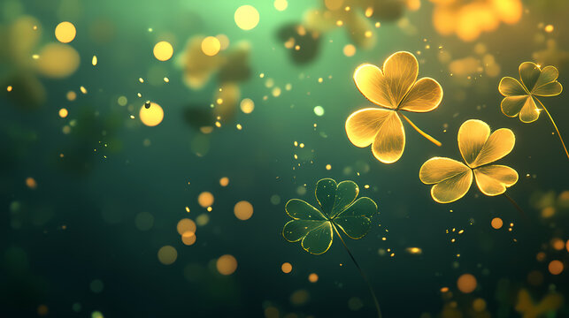 A gold leaf and a green clover falling, featuring eccentric motifs and a glowing quality. Auriferous. Illustration