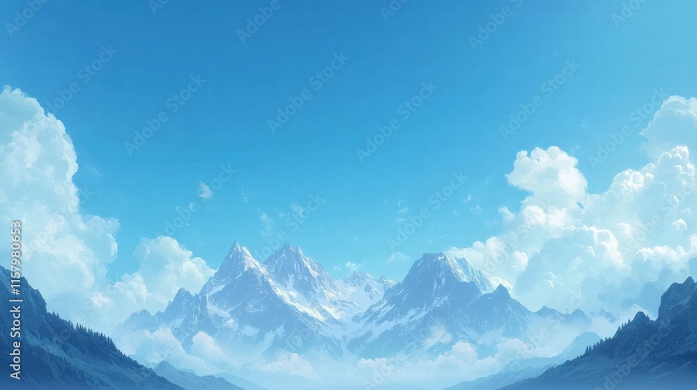 Aufkleber Majestic mountain peaks rise under a clear blue sky with fluffy white clouds and ample space for text or design elements. Generative AI