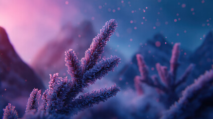 Fototapeta premium A detailed close-up of evergreen pine branches, coated in shimmering frost, under a moody cyan and magenta light scheme