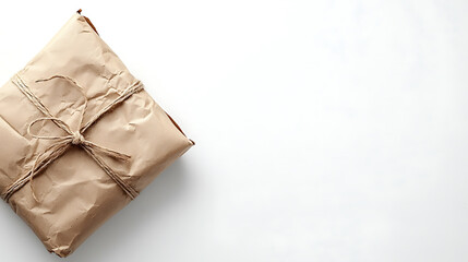wrapped parcel tied with twine, isolated on white background, evokes sense of anticipation and surprise