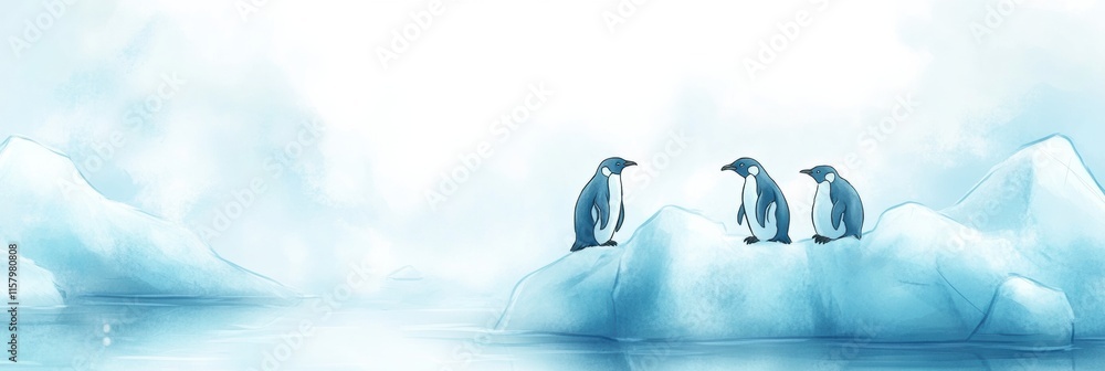 Poster playful penguins enjoying the icy landscape on floating icebergs with ample room for text and creati