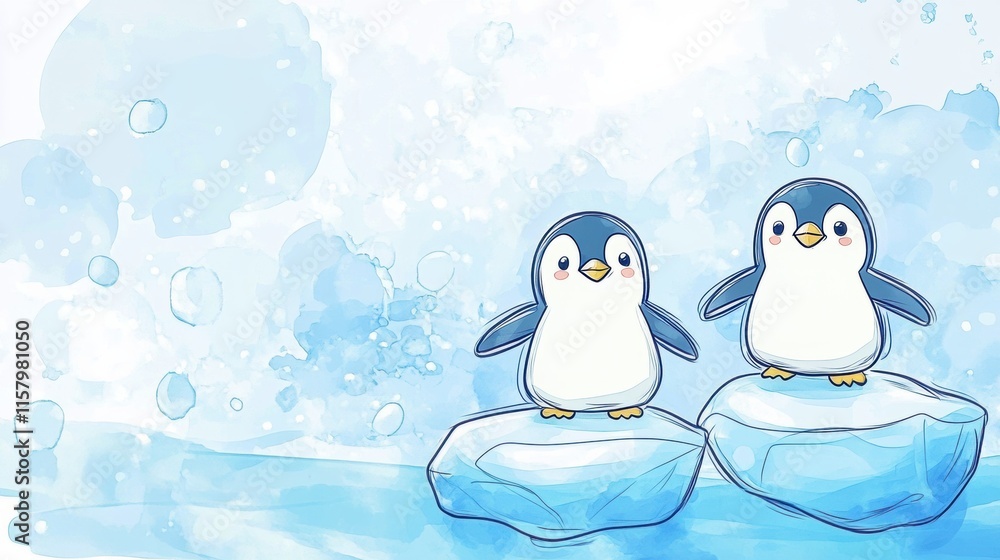 Leinwandbilder playful penguins enjoying their time on icebergs with a warm and inviting background for text. gener