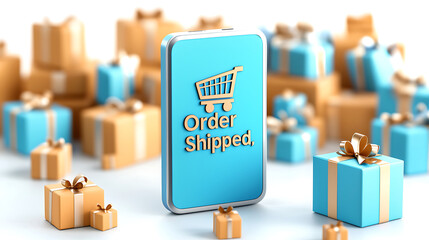Order shipped notification on smartphone with gift boxes in background, conveying excitement and anticipation