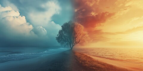 A visually striking split landscape portraying contrasting times of day.