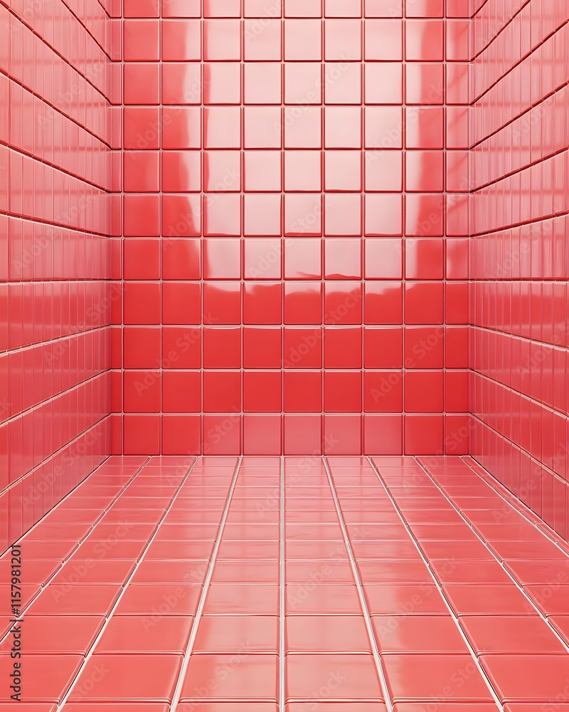 Poster a minimalist red tiled room with glossy surfaces, emphasizing color and texture.