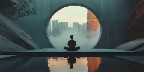 A serene figure meditates, framed by a circular arch showing a misty city backdrop, blending tranquility.
