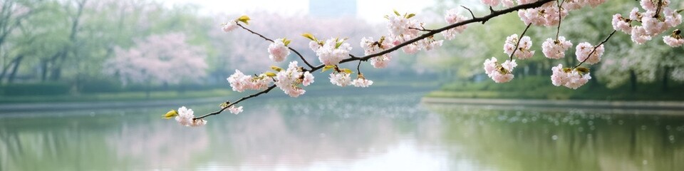 Tranquil sakura blossom branch overlooking serene lake in springtime