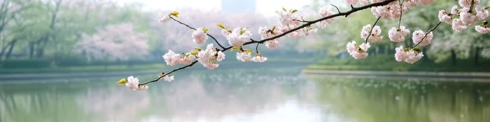 Selbstklebende Fototapeten Tranquil sakura blossom branch overlooking serene lake in springtime © Ламина Акулова