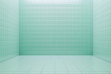 A minimalist tiled room with mint green walls and floor, ideal for various purposes.