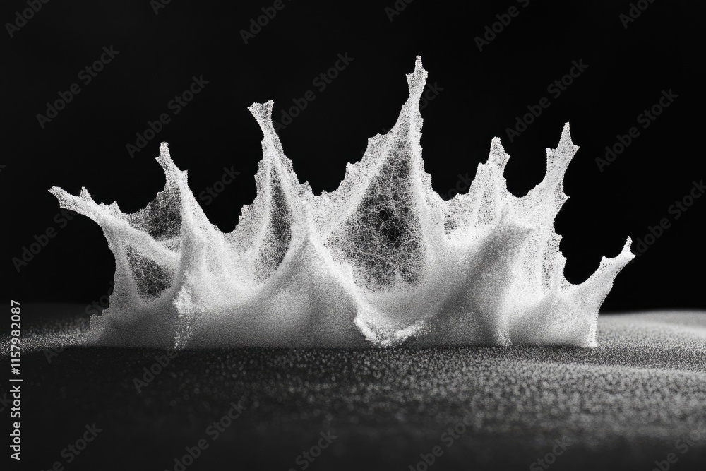 Poster abstract, monochrome image of a foam structure resembling a crown or wave, intricate and delicate.