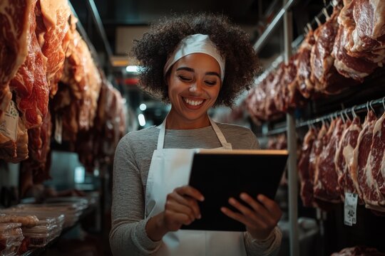 A cheerful woman in a butcher's shop wears an apron and headband, holding a tablet amid hanging meats, reflecting professionalism and modern technology in food industry. - Powered by Adobe