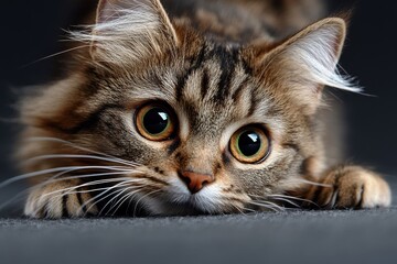 A playful cat with intent eyes crouches on a soft carpet, ready to pounce, capturing the exuberance and playful nature of feline antics in a cozy setting.