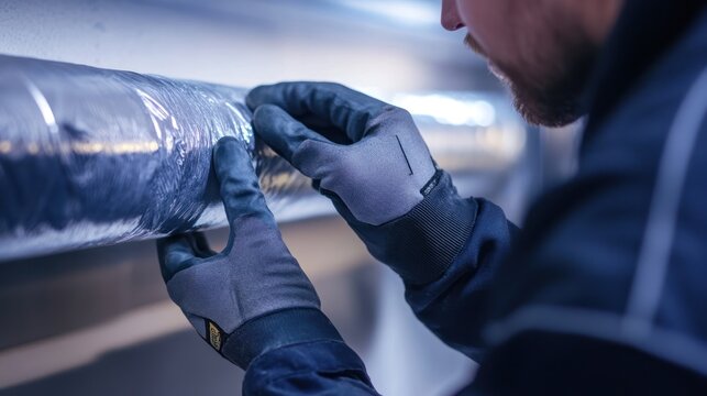 Technician inspecting insulated ductwork.