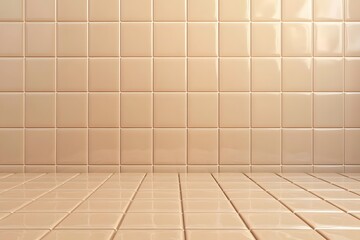 A seamless arrangement of beige tiles on a wall and floor, creating a clean aesthetic.