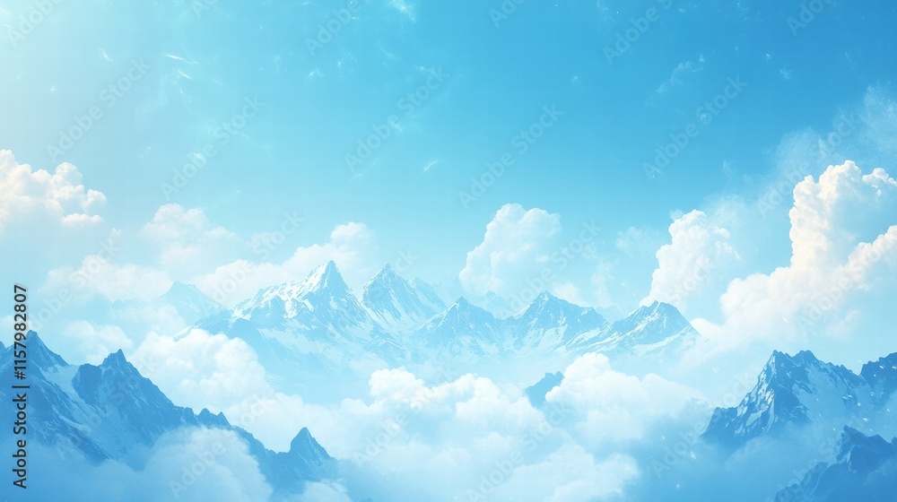 Poster majestic mountain peaks rise above clouds with blue sky and bright sunlight creating a serene landsc