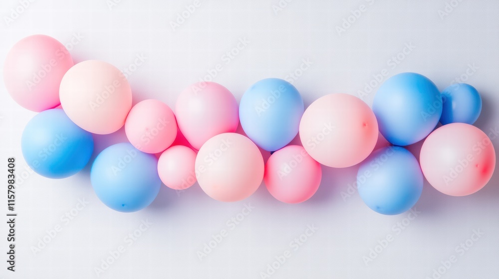 Poster Colorful pink and blue balloons arranged creatively on a white background with plenty of mockup space for text. Generative AI