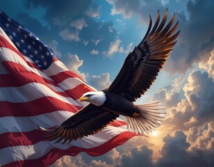 Majestic Bald Eagle Soaring High Above American Flag in Dramatic Sunset Sky