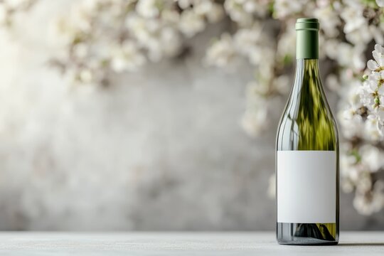 A sleek bottle of white wine with a blank label is set against a soft floral background, embodying an atmosphere of tranquility and refined elegance.